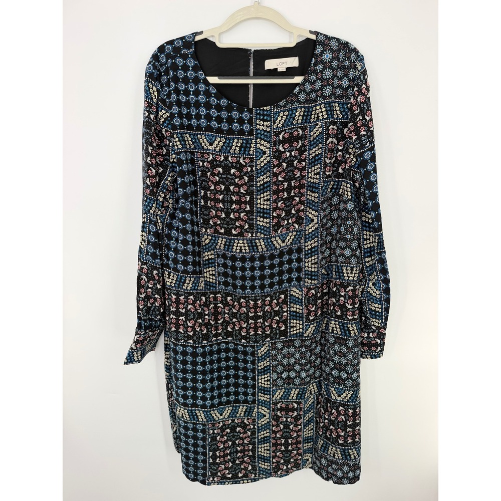 LOFT Long Sleeve Patchwork Floral Shift Dress Multicolor Size 14
